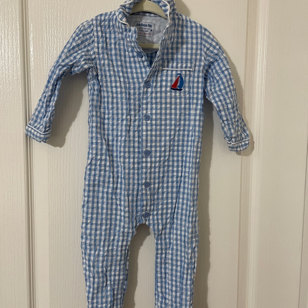 JoJo Maman Bebe Blue Gingham Boys Pajamas; EUC (no stains or flaws); 12-18mo